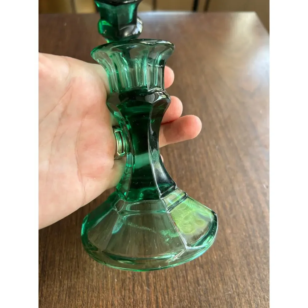 4 Vintage Emerald Green Indiana Glass Candlestick Holders
